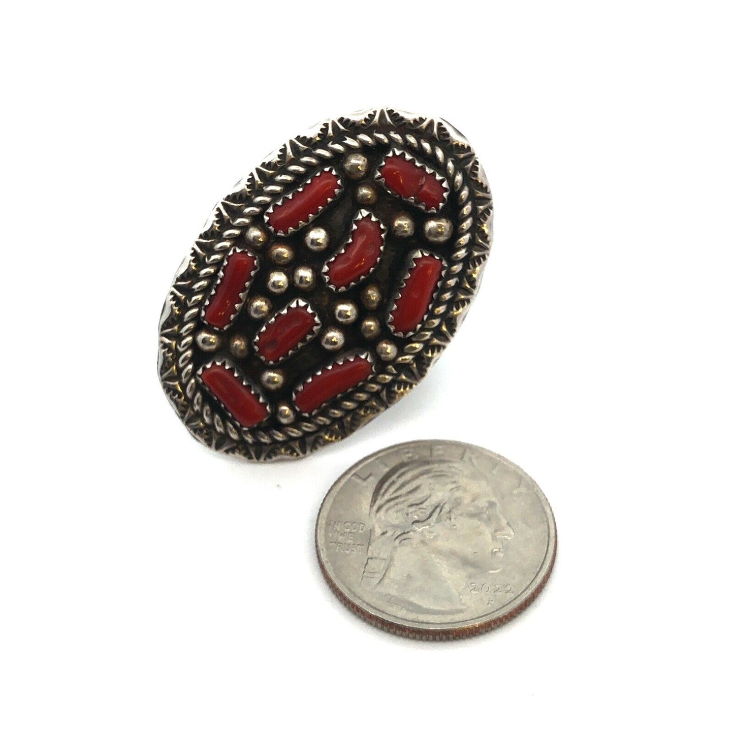 Native American 925 Sterling Silver Red Coral Statement Oval Full Finger Ring