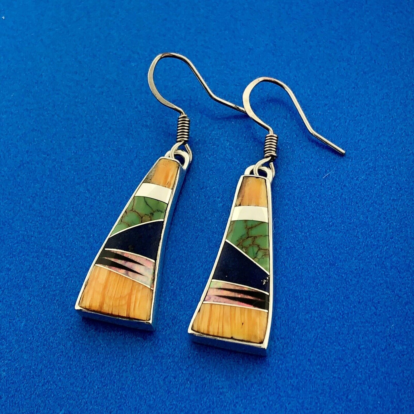 Native American Artisan 925 Sterling Silver Multi Stone Inlay Dangle Earrings