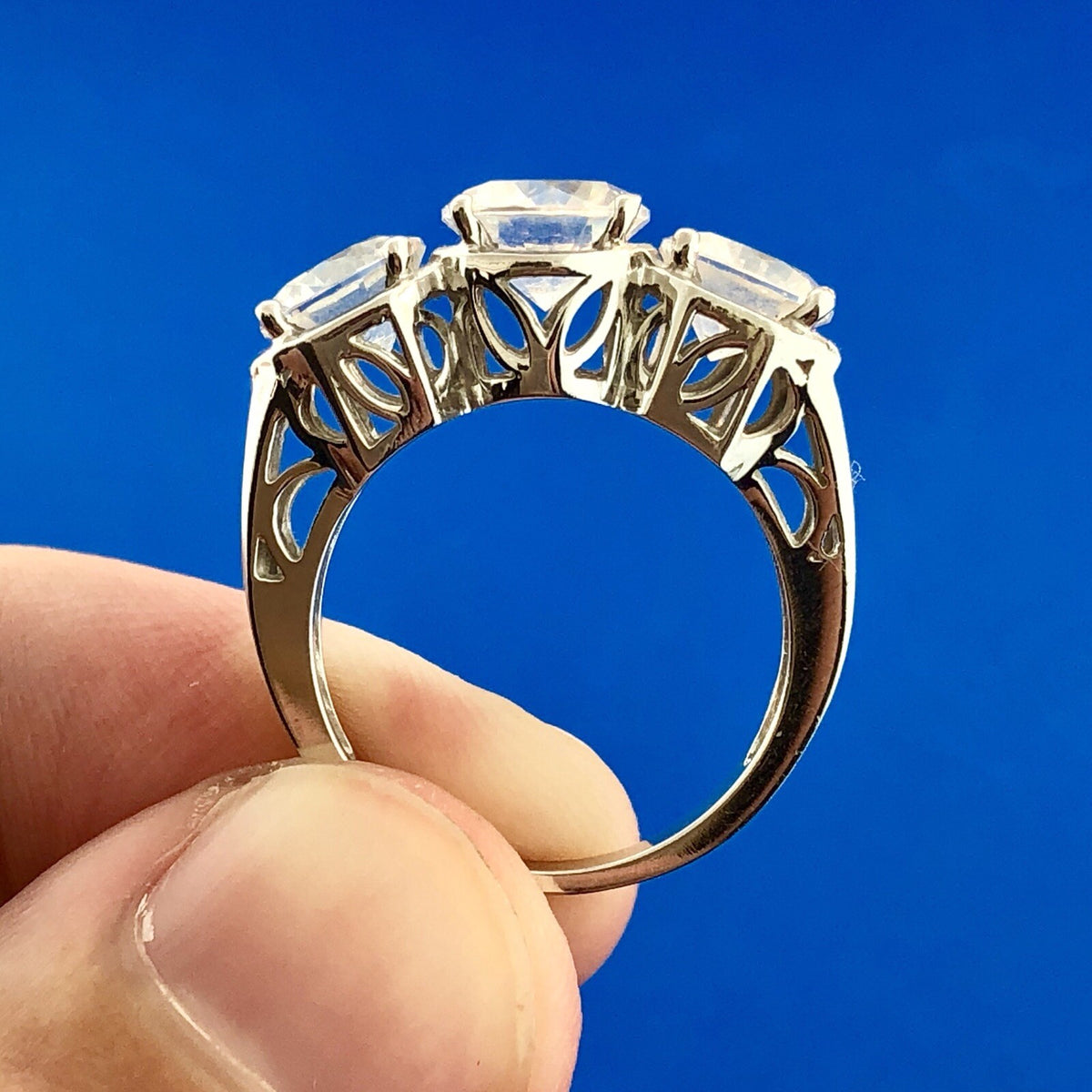 Designer 14k White Gold Ring with Three Round CZ Cubic Zirconia Size 5.25