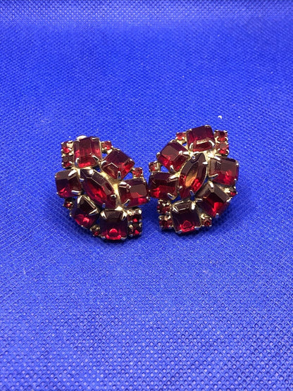 Mid Century Silver Tone Red Glass Rhinestone Statement Clip On Stud Earrings