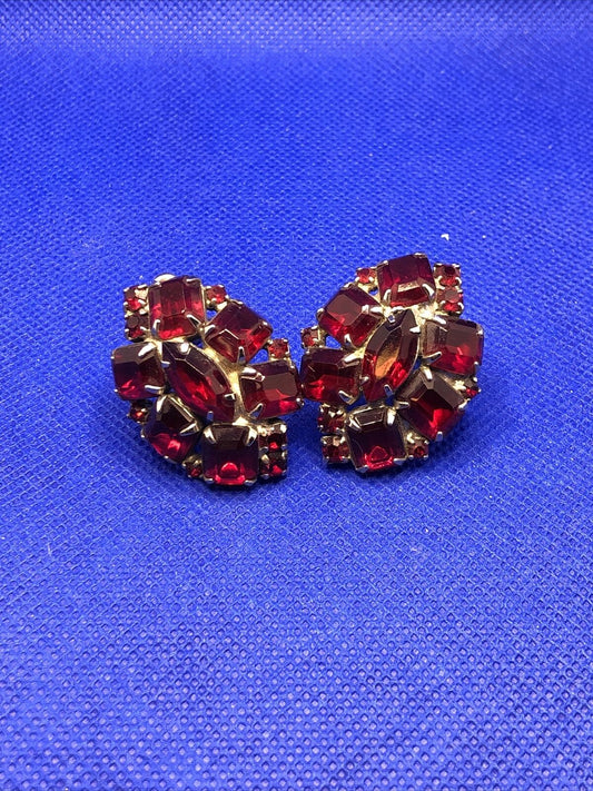 Mid Century Silver Tone Red Glass Rhinestone Statement Clip On Stud Earrings
