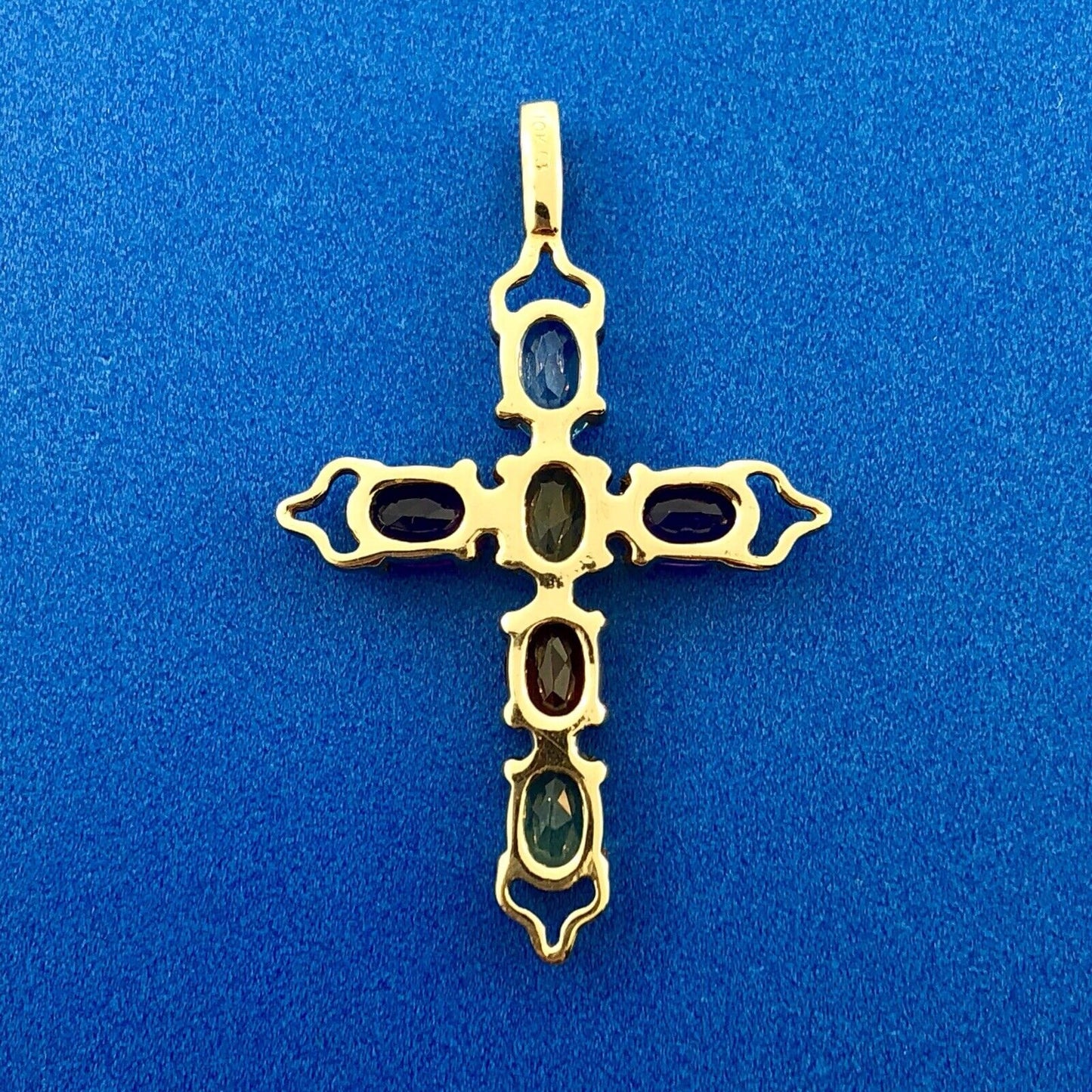 Vintage 10K Yellow Gold Multi Gemstone Cross Pendant