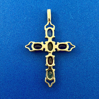 Vintage 10K Yellow Gold Multi Gemstone Cross Pendant