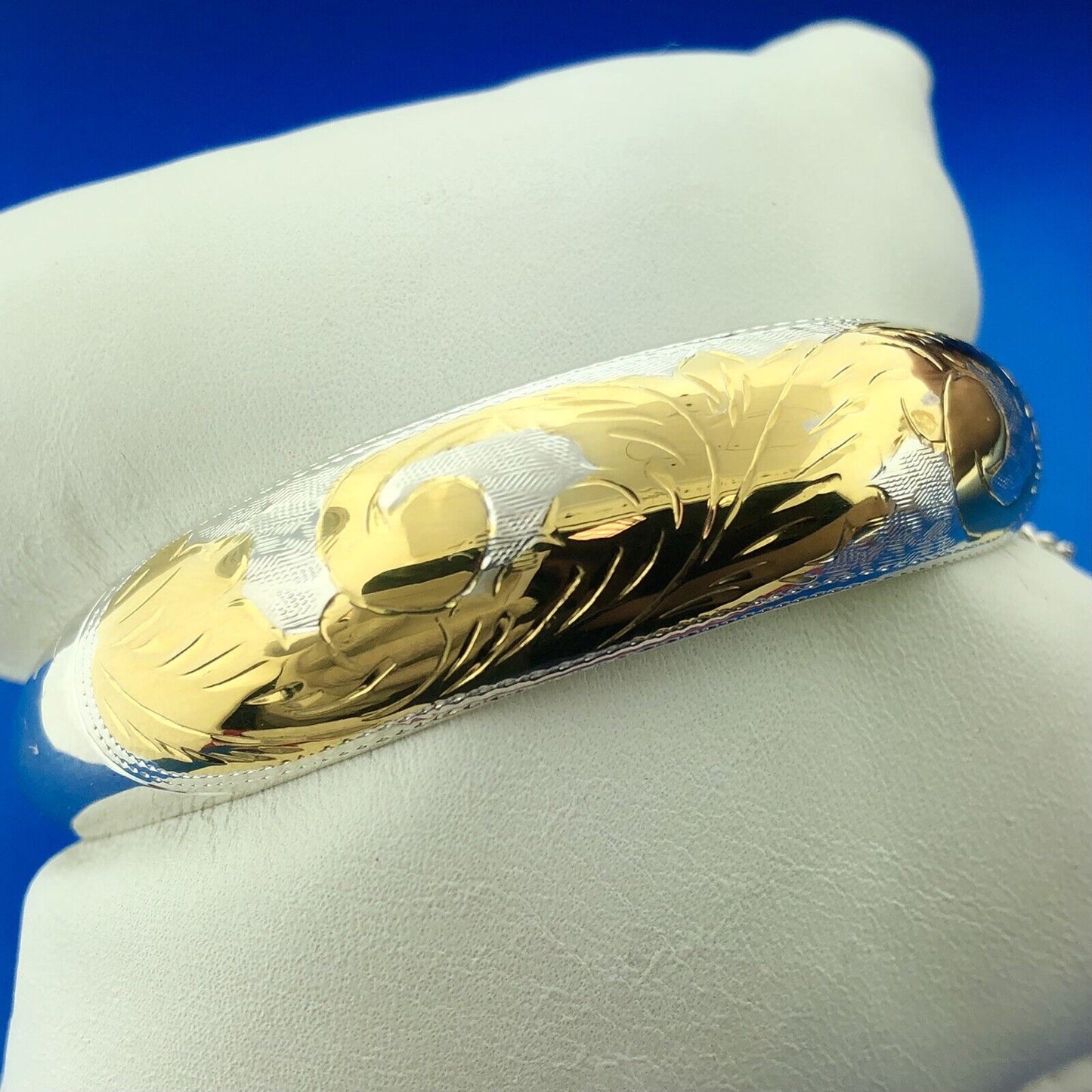 Designer CI Sterling Silver 925 Gold Two Tone Floral Scroll Hinged Cuff Bracelet