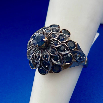 Estate 10K Yellow Gold Blue Topaz Towering Flower December Anniversary Ring
