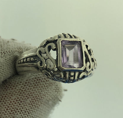 Vintage FAS 925 Sterling Silver Amethyst Open Scroll February Anniversary Ring