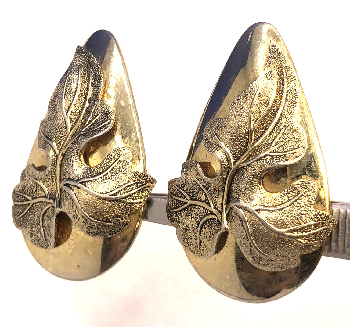 Estate Whiting & Davis Gold Tone Polished 3D Leaf Statement Clip On Earrings