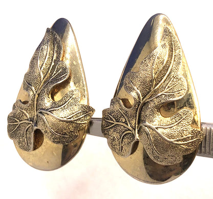 Estate Whiting & Davis Gold Tone Polished 3D Leaf Statement Clip On Earrings