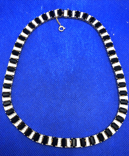 Gold Tone Black Onyx Rhinestone Collar Statement Necklace