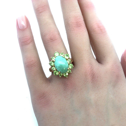 Designer EA 14K Yellow Gold Jade Cabochon Peridot Halo August Anniversary Ring