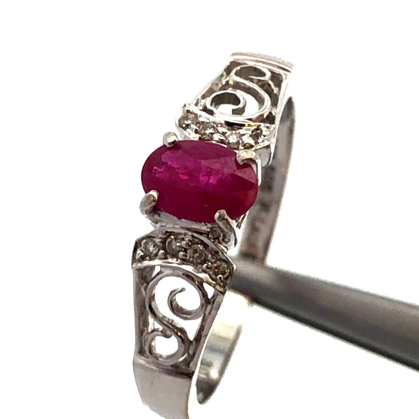 Designer F. Lau 14K White Gold Oval Ruby Diamond Accents Anniversary Ring