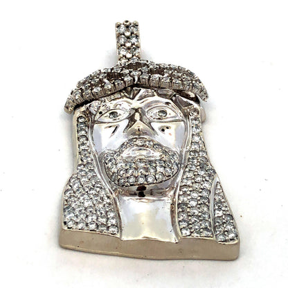 14K White Gold Round Pave Diamond Jesus Christ Face Statement Pendant