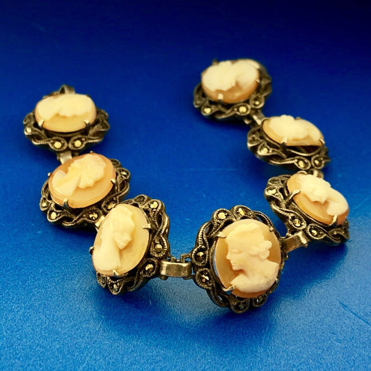 Art Deco Sterling Silver 925 Carved Cameo Marcasite Accented Panel Bracelet