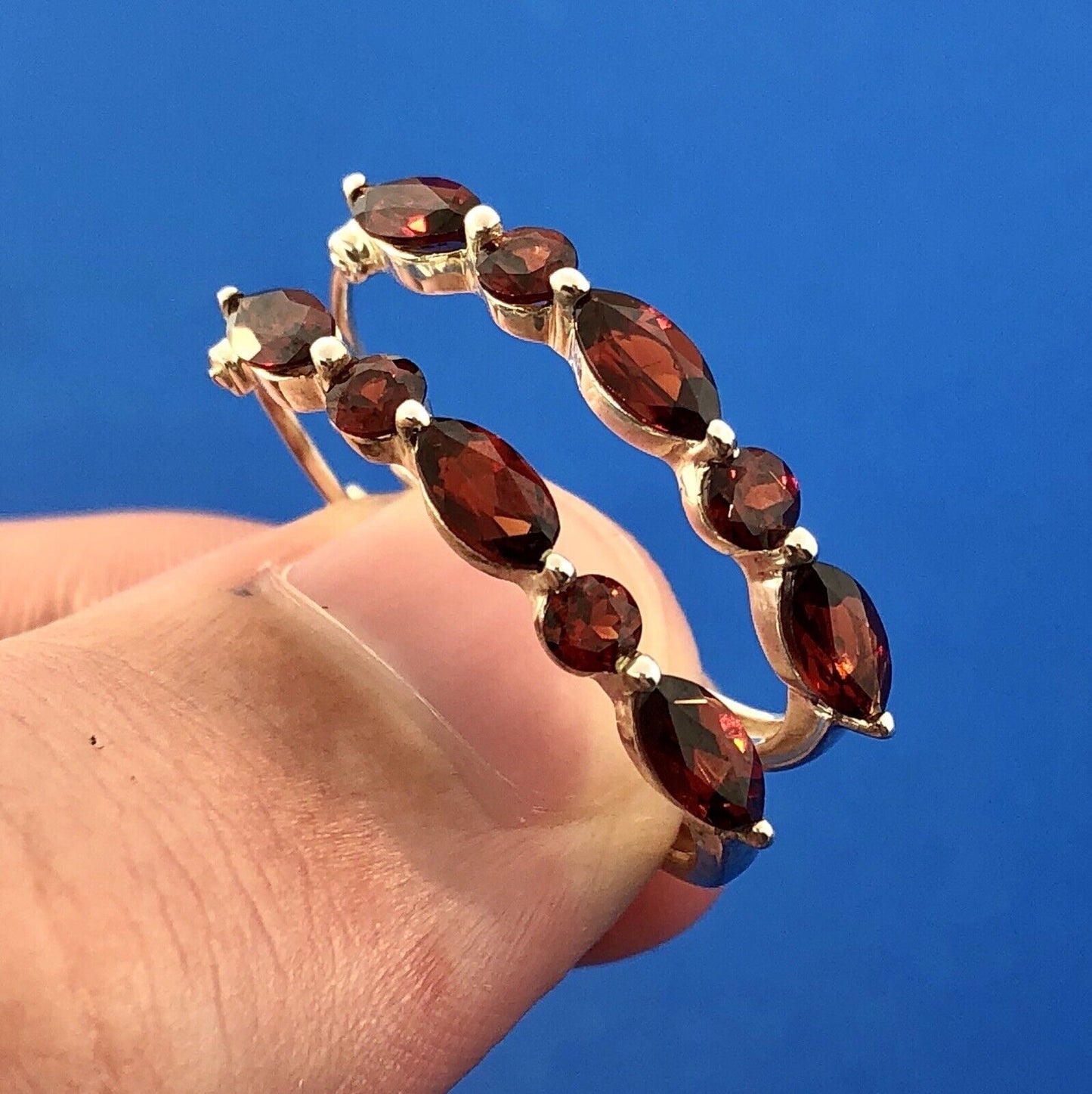 Designer Sterling Silver 925 Garnet January Anniversary Occasion Hoop Earrings