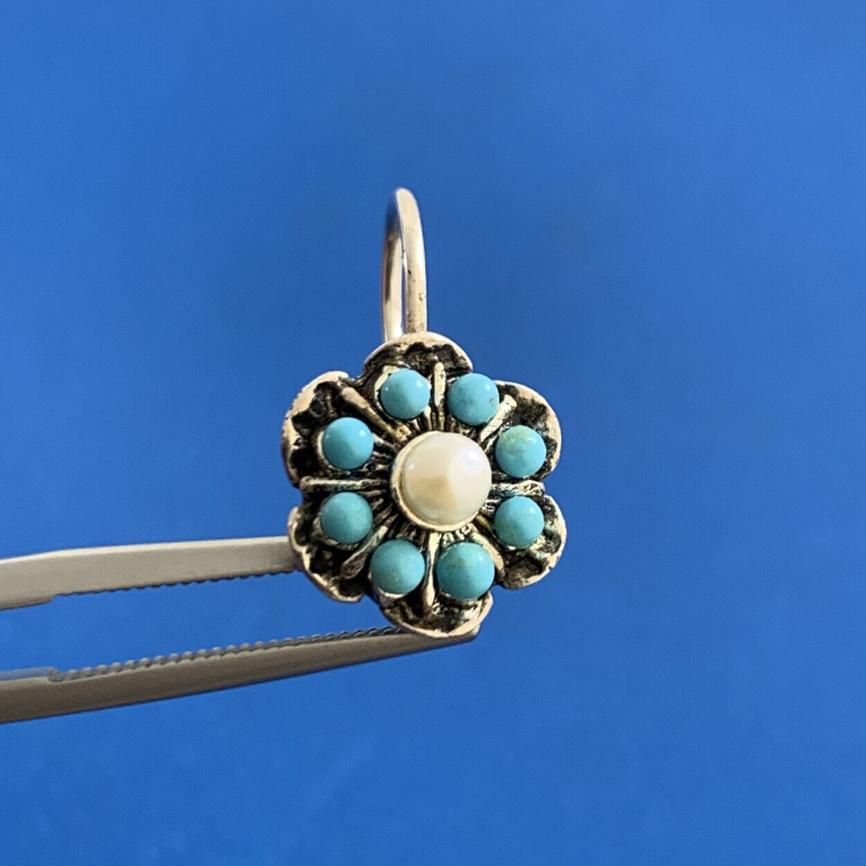 Designer By Simon Sterling Silver Turquoise Pearl Flower Lever Back Earrings