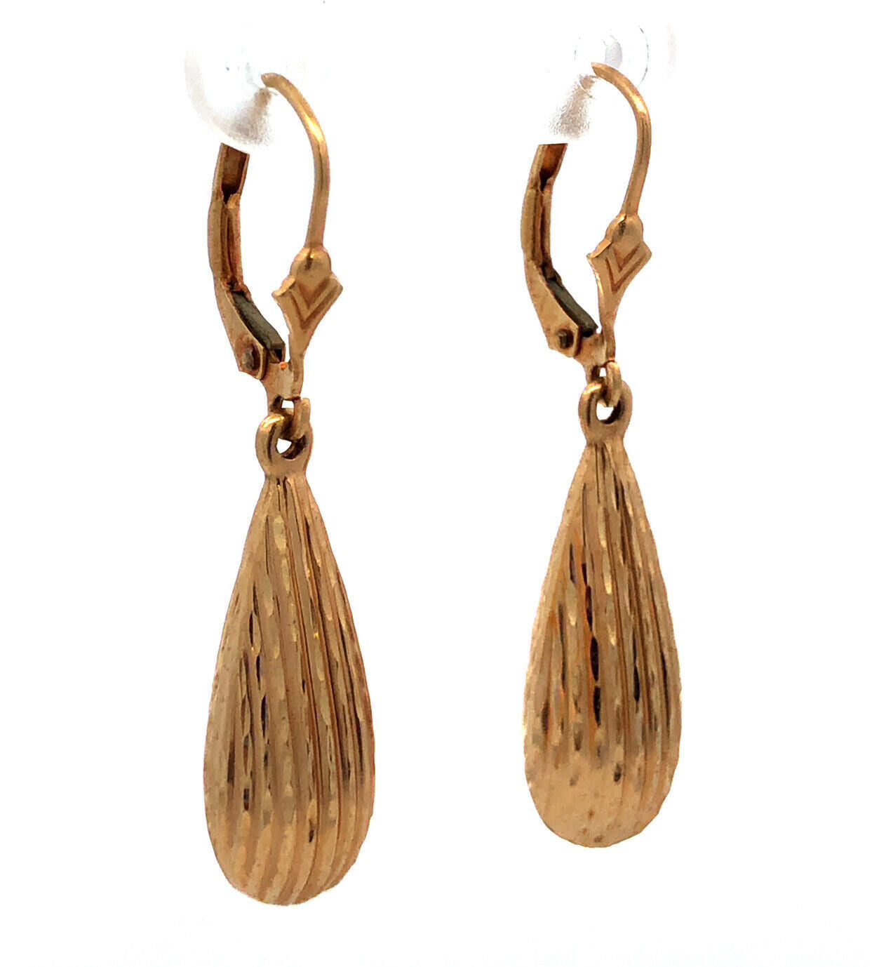 Designer 14K Yellow Gold Textured Teardrop Dangle Drop Leverback Earrings