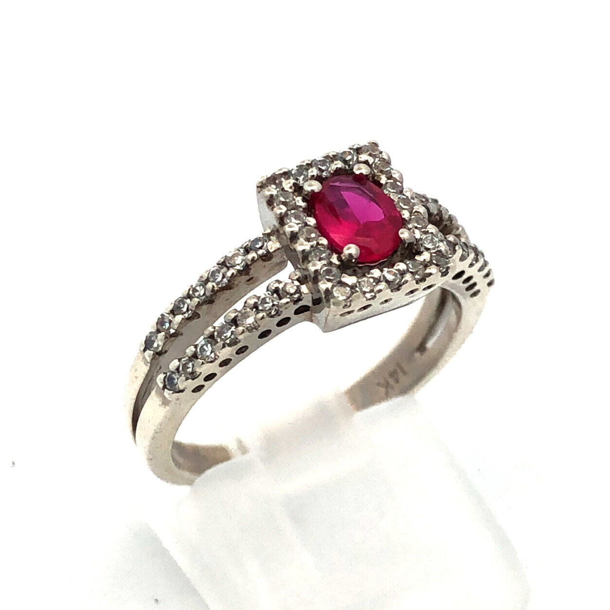 14K White Gold Lab Created Oval Ruby Round Pave Diamond Halo  Ring