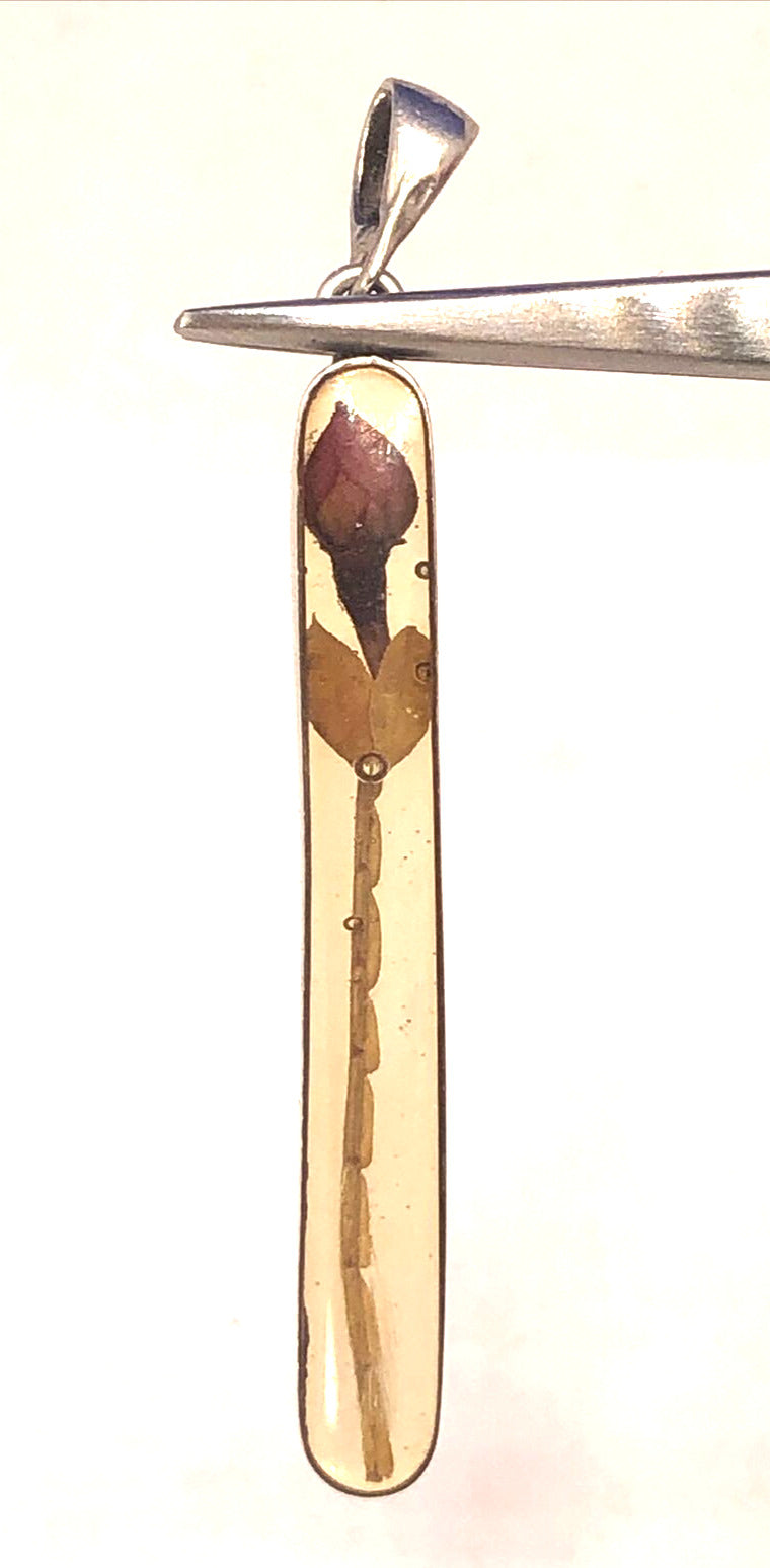 Designer ATI 925 Sterling Silver Rose Bud Flower In Resin Long Oval Pendant