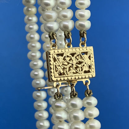 Designer 14K Yellow Gold Pearl June Anniversary Bridal 3 Strand Beaded Bracelet