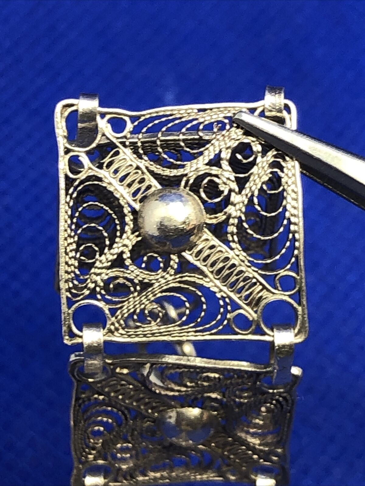 Vintage 925 Sterling Silver Beaded Filigree Delicate Square Panel Bracelet