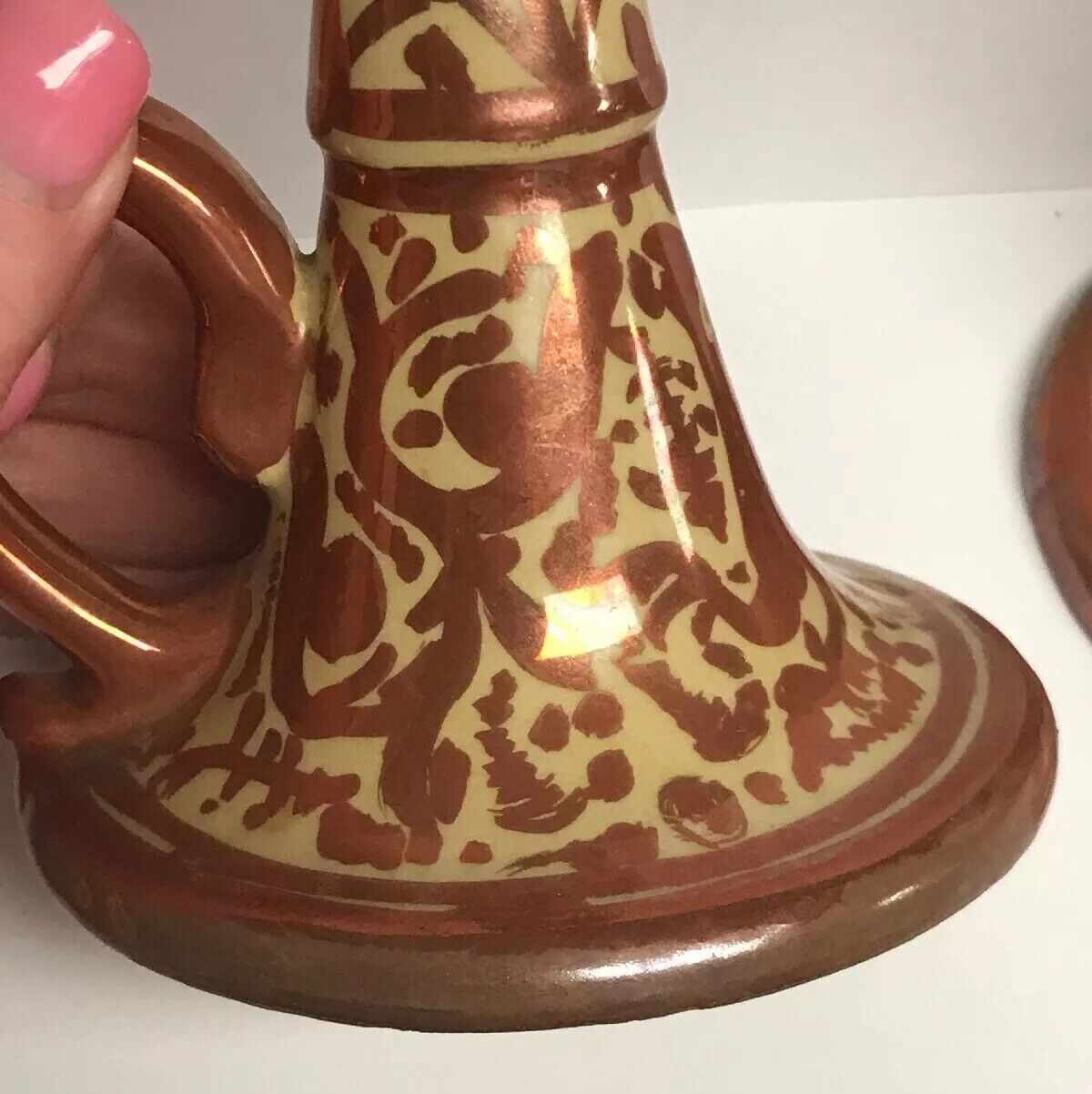 Spain Signed VC Pair Copper Metallic Glazed Hand Painted Handled Candle Holders