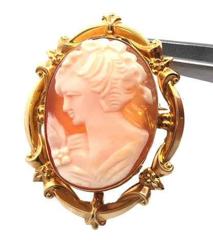 Designer 14K Yellow Gold Carved Cameo Pin Brooch Pendant