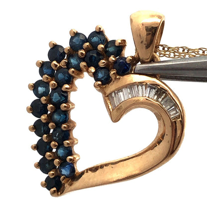 Vintage 14K Yellow Gold Sapphire Cluster Diamond Accented Heart Necklace