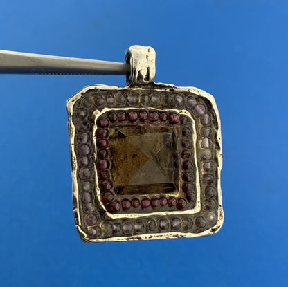 Artisan Hand Cast Sterling Silver Smoky Quartz Amethyst Free Form Square Pendant