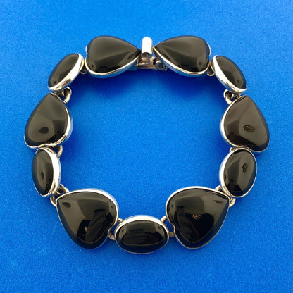 Vintage Taxco Mexico 925 Sterling Silver Black Onyx Heart Oval Panel Bracelet