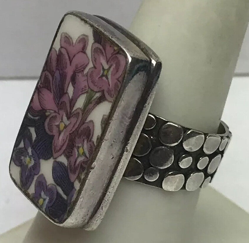 Vintage Sterling Silver 925 Purple Pink Floral Enamel Bead Work Statement Ring