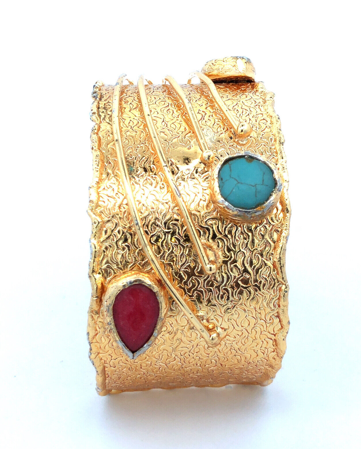 Retro Gold Tone Lapis Lazuli Turquoise Pink Tourmaline Wide Open Cuff Bracelet