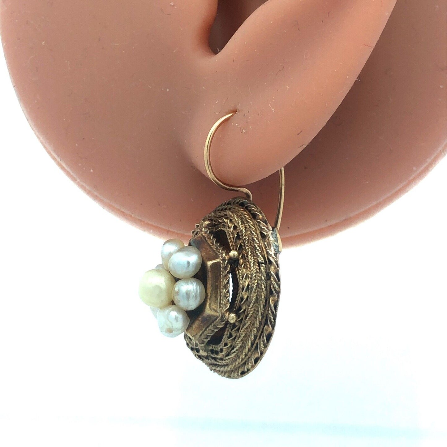 Mid Century 14K Yellow Gold Pearl Cluster Bird Nest Statement Drop Earrings