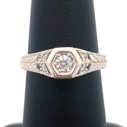 14k White Gold Round Solitaire Diamond W/Accents Art Deco Engagement Ring