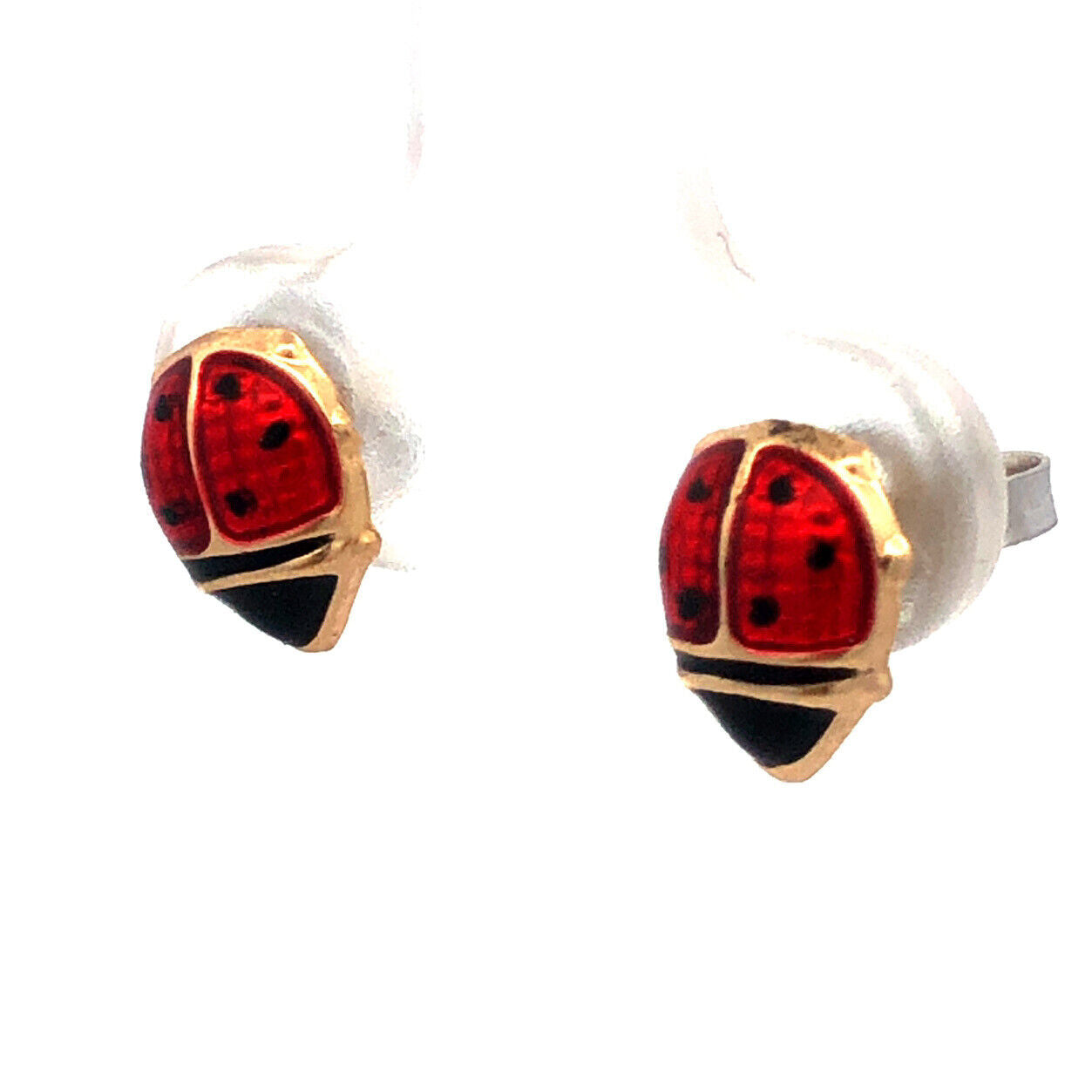 Designer JCM 14KT Yellow Gold Red Black Enamel Lady Bug Stud Earrings