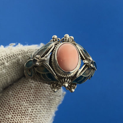 BJ China Sterling Silver 925 Pink Coral Cloisonne Statement Ring