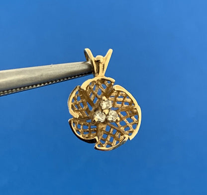 Vintage 14K Yellow Gold Diamond Open Work Basket Weave Flower Petite Pendant