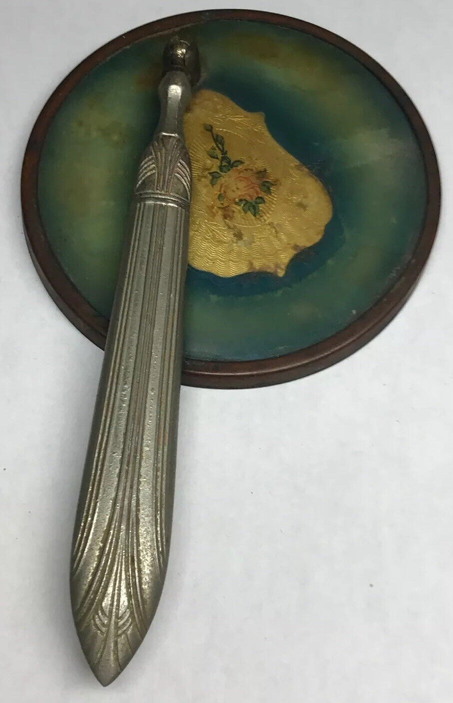 Antique Art Deco Nouveau Swivel Fold Out Ornate Celluloid Vanity Hand Mirror