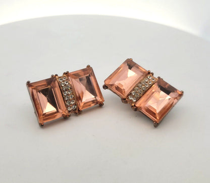Vintage Copper Bronze Tone Pink & White Rhinestone Statement Clip On Earrings