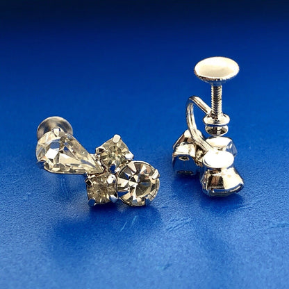 Estate Silver Tone Crystal Rhinestone Bridal Wedding Screw Back Earrings