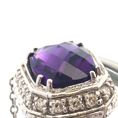 18k White Gold Faceted Purple Amethyst Diamond Accent 16.5" Chain Necklace