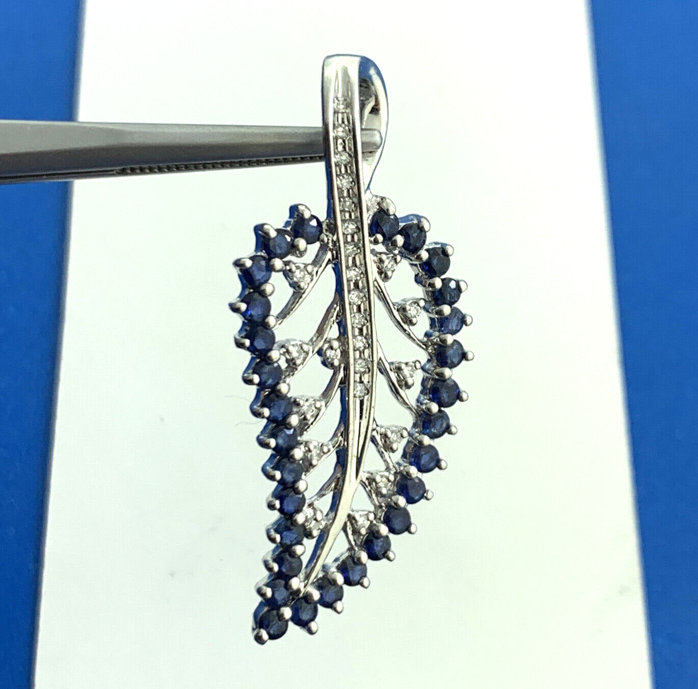 Designer GRP Blue Sapphire Diamond 925 Sterling Silver Leaf Nature Pendant