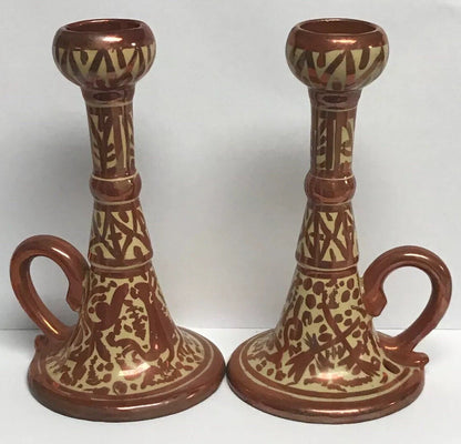 Spain Signed VC Pair Copper Metallic Glazed Hand Painted Handled Candle Holders
