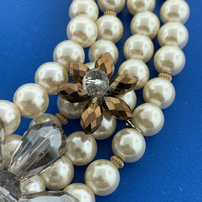 Vtg Artisan Gold Tone Abalone Faux Pearl Crystal Bead Statement Collar Necklace