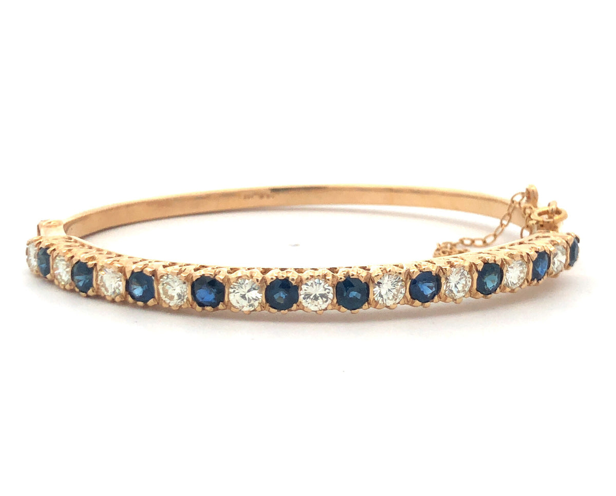 Stunning 14K Yellow Gold Diamond Sapphire September Hinged Bangle Bracelet