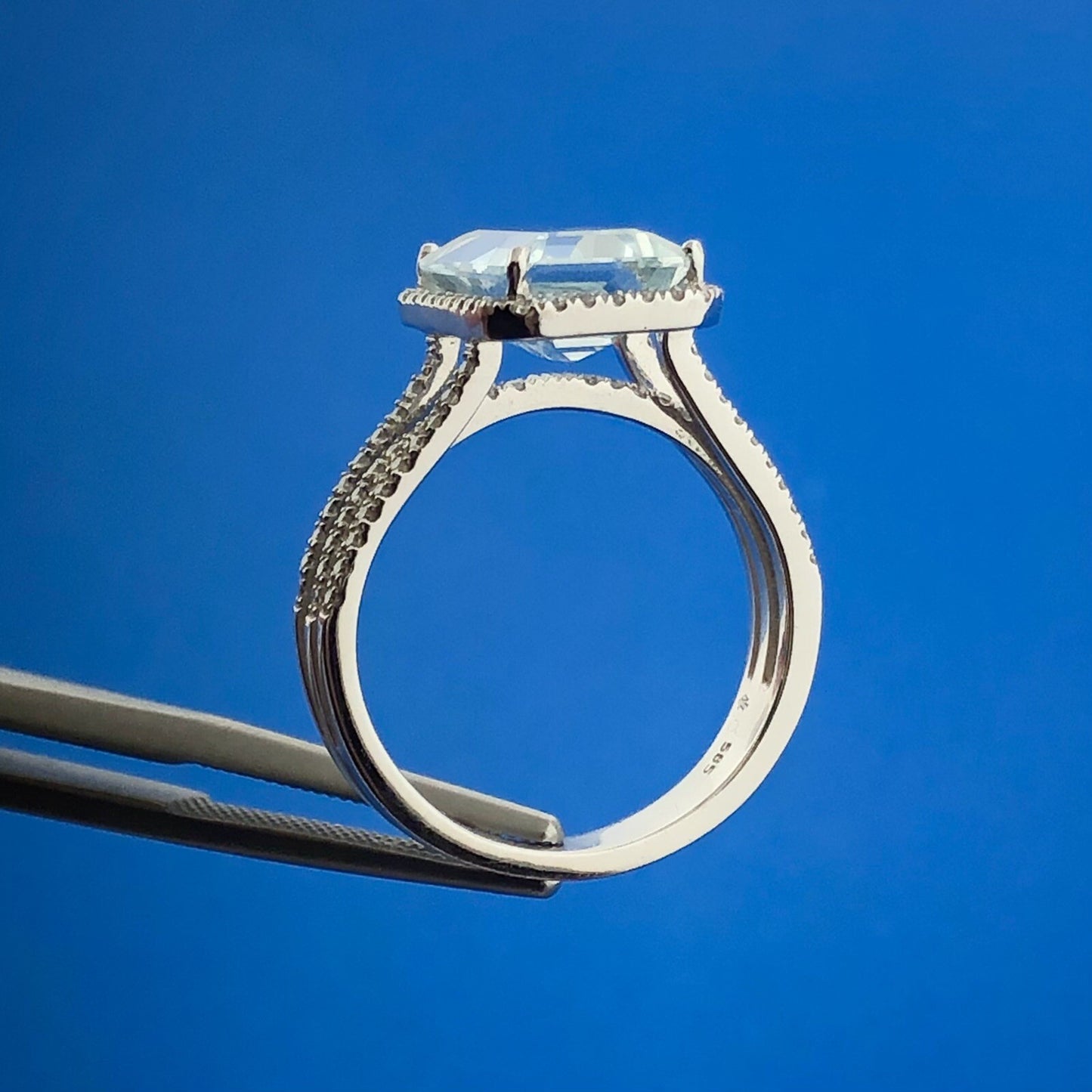 14K White Gold Solitaire Aquamarine Diamond Halo Accented March Anniversary Ring