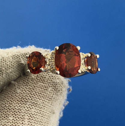 Designer Sterling Silver 925 Orange Citrine Quartz Oval Trio Cocktail Ring