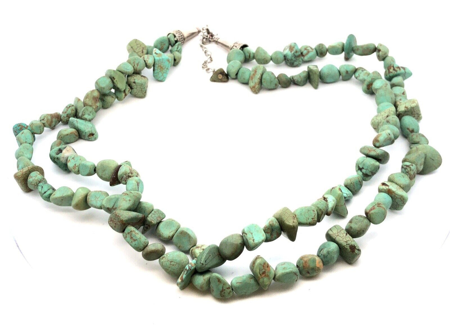 Vintage Silver Tone Green Turquoise Beaded Double Strand Statement Necklace