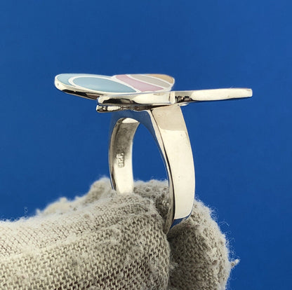 Designer Lee Sands Sterling Silver Pastel Mother of Pearl Inlay Butterfly Ring
