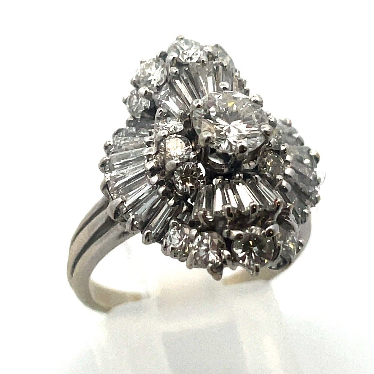 Estate 14K White Gold Round Diamond Center Waterfall Wave Accented Cocktail Ring