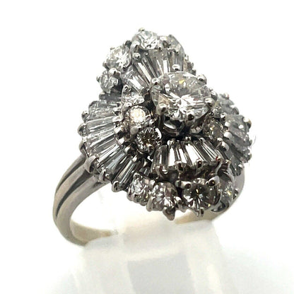 Estate 14K White Gold Round Diamond Center Waterfall Wave Accented Cocktail Ring